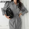 Chic Korean Temperament Office Lady Puff Long Sleeve Lapel Single Breasted Plaid Dress Women with Belt Pleated Retro Autumn 210610