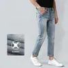 Europese vintage mode mannen jeans hoge kwaliteit redline ontwerper slim fit gescheurde retro lichtblauwe casual denim broek