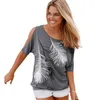 슬릿 슬리브 콜드 어깨 깃털 프린트 여성 캐주얼 여름 티셔츠 소녀 티 티셔츠 느슨한 탑 티셔츠 210607