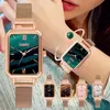 Armbandsur damklockor Set Rectangle Dial Elegant Female Armband Mesh Magnet Gradient Gift Zegarek Damski Women Watch267V