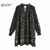 ZEVITY women vintage totem flower print court mini dress femme long sleeve kimono vestido chic casual elastic dresses DS4480 210603