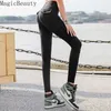 Mulheres elásticas cintura alta fitness ginásio bolsos legging sólido push up treino calças de carga 210925