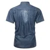 Light Blue Men's Denim Shirts Short Sleeve Thin Cotton Slim Elastic Jeans Summer High Quality Pockets Shirt 210809