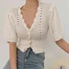 Women Fashion Sexy V-Neck Hollow out Crochet Knitted Cardigan Female Korea Summer Puff Sleeve Casual Tops 210519