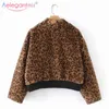 Aelegantmis Fashion Leopard Faux Fur Fluffy Zipper Women Coat Furry Bomber Jacket Casual Pocket Loose Long Sleeve Short Coats 210607