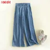 Tangada women loose denim jeans wid leg pants bow tie sashes pockets ladies casual stylish streetwear trousers mujer 2P08 210609