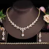 Beaeeen Luxury Dubai Gold Cubic Zirconia Leaf Drop Wedding Серьги Ожерелье Браслет 3 шт. Наборы ювелирных изделий для невесты JS217 H1022