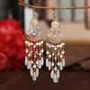 Fashion Bohemian Long Dangle Earrings Women Holiday Summer Fan-shaped Red Crystal Bead Tassel Wedding Earring Indian Jewelry