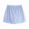 Mode kvinnor randig elastisk midja shorts vintage lös med knappar chic kvinnliga byxor 210507