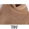 TRAF Women Fashion Thick Warm Loose Knitted Sweater Vintage High Neck Long Sleeve Side Vents Female Pullovers Chic Tops 210415