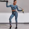 2 STUKS Camouflage Set Vrouwen Yoga Pak Sport Gym Workout Kleding Lange Mouw Fitness Crop Top Hoge Taille Naadloze Camo leggings 210802