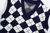90-х годов синий белый плед argyle вязаный свитер жилет подстрый стиль корейская одежда классная девушка v шеи без рукавов джемпер y2k трикотаж 210429