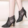 Chaussures habillées Fashion Mesh Cross Striped Lace Women Casual Pointed High Heels Pumps Sandals