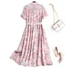 Summer Designers Short Sleeve Pink Floral Print Chiffon Woman Dress Elegant Knee Length Sweet Robe Femme Office Vestidos 210601