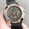 Nowe Mężczyźni Zegarki Diamentowe Bezel Automatyczny Ruch Rezerwowy Power Tourbillon Żółty Gumowy Pasek Szkielet Dial Luxusuhr Wristwatch Reloj de Lujo