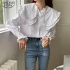 Koreański Chic Collar Collar Ruffled Woman Bluzki Topy Biały Z Długim Rękawem Koszula Kobiety Luźne Dorywczo Moda Odzież Blusas 13905 210508