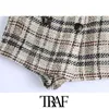 Traf Women Chic Fashion z guzikami Sprawdź Tweed Shorts Sperts Vintage High Talle Port Femper Samipe Mujer 210415