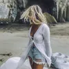 Kvinnors badkläder Kvinnor White Backless V-ringningsbikini Cover Ups Robe de Plaage Pareo Beach Tunic Kaftan Tie Up Spets Cape Flare Sleeve