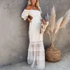 Zomer vrouwen uit schouder maxi sexy backless witte kant lange tuniek strand jurk roeping 210415