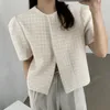 Tweed Women Jacket Sommar Koreanska Chic Vintage Crop Top Ladies Button Puff Sleeve Silm Korta Coughs Woolen Outwear 210514