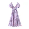 Ljus som Silk Lavendel Blommigryck Bollklänning Dress Puff Sleeve Retro Kvinnor Tie Bow Waist Lång Klänningar Fairy Vestidos 210429