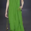 Femmes Green Patchwork Draw String High Taonds Folds Dress Bless sans manches en vrac
