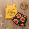 Conjunto de ropa para niñas pequeñas, chaleco sin mangas con letras y pantalones cortos con estampado de girasol, conjuntos de ropa informal para niños, conjuntos de chándal