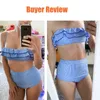 Sexy Retro Blue White Striped Bandeau Wysoka talia Bikini Lady Swimwear Kobiety Swimsuit Kobieta Wzburzyć Ruched Swim Siatek Kąpiel 210712