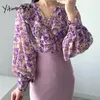Yitimuceng 2 peças sets mulheres blusa de impressão floral e magro cintura alta maxi saias primavera verão moda roxo senhora escritório 210601