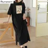 Tops en coton Plus Taille 7XL 6XL 5XL 4 XXXL Noir Maxi T-shirt Robe Femmes Summer Party Vintage Droite Casual Robes à double fente 210409