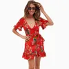 LEVIORTIN Red Boho Short Dress Women Sexy V-Neck Ruffle Beach Summer Floral Mini Sundress 81953 210527