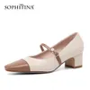 Sophitina Genuine Leather Mulheres Bombas Mary Jane Color-Bloqueio de Sapatos Grossas Calcanhar Clássicos Quadrado Toe Pearl Feminino Sapatos AO782 210513