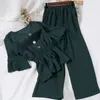 Summer 2 Pieces Set Women Sexy V-neck Ruffle Blouse + Wide Leg Pants Korean Chic Suit Female Two-Piece Sets Office Lady 210519