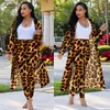 Plus Size Women Two Piece Set Sheath Long Pants And Sleeve Maxi Coats Leopard Print Suit DM135 210930