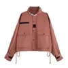 Women Jacket Outwear Spring Autumn Long Sleeve Button Zipper Pocket Red Green Drawstring Solid C0282 210514