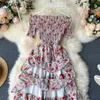 Neploe Seaside Holiday Dress Ins Women New Fashion Off Ramię Krótki Rękaw Sukienki Stretch Slim Ruffles Floral Summer Vestidos 210423