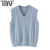Traf Women Fashion met geribbelde afwerking losse kabel-knit vest trui vintage V nek mouwloze vrouwelijke pullovers chic tops 210415