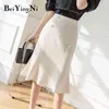 Womens Skirts Buttons Slim Retro Work Wear Office Ladies Skirt Knee-length Ruffles Chic High Waist Lining Package Hip 210506