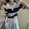 WERUERUYU Korean Women Eleganckie i Casual Polo Plunge Neck Krótki Rękaw Dziana Koszula Crop Top 210608