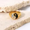 Anéis de casamento super espumante zircão yin yang anel 18k ouro banhado aço inoxidável preto bague