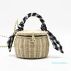 Axelväskor Handväska Kvinnor Handvävda Straw Gitter Bucket Bag Travel Retro Plaid Strap Woven Tote