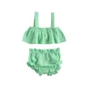 0-24M Born Baby Girls Completo da 2 pezzi Carino senza maniche Tinta unita Crop Top + Pantaloncini per bambini Set di abbigliamento verde e rosa