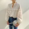 Automne coréen doux blanc o-cou simple boutonnage plissé chemise à volants lâche tout-match manches longues femmes 11011 210508