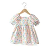 Sommar barn kläder puff ärm elegant prinsessa klänning för tjejer fyrkantig krage bomull blomma flicka klänningar Q0716