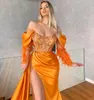 Orange Mermaid Beaded Prom Dresses Off The Shoulder Neck Sequined Long Sleeves Evening Gowns Feather Satin Side Split Formal Dress