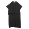 [EAM] Women Black Big Size Irregular Sashes Dress Lapel Short Sleeve Loose Fit Fashion Spring Summer 1DD7175 21512