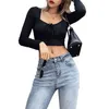 Camiseta para mujer Manga larga con cordones Slim Fit Primavera Otoño Tops Vendaje Cuello cuadrado Casual High Street Fashion Ropa 210522