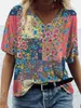 T-tröja Mode Stor Storlek Toppar Kvinnor Casual V Neck Shirt Tees Ladies Loose Floral Print Tunika 210720