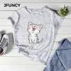 Jfuncy Cute Meow猫漫画プリント女性Tシャツプラスサイズの綿ティートップス半袖夏の女性シャツ新しい女性TシャツY0629