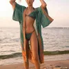 Fitshinling Kimono de plage surdimensionné avec ceintures Bohemian Vintage Slim Sexy Long Cardigan Femmes Big Sleeve Fringe Cotton Cover-Up 210722